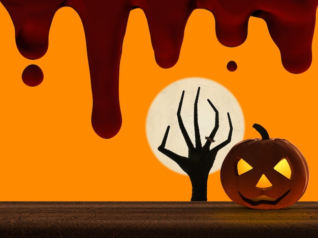 3D-rendering halloween pompoen en zombie hand stijgt
