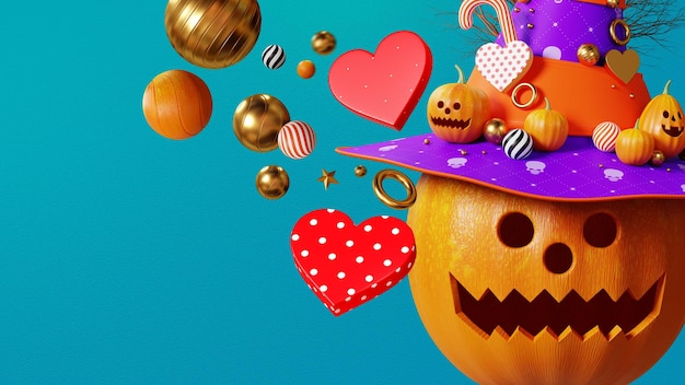 3d rendering halloween pumpkin background, elements heart, decoration ball on light blue background