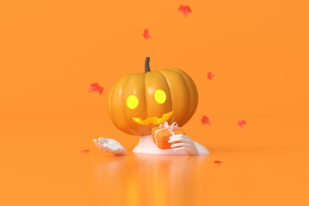 La rappresentazione 3d della testa della zucca di halloween sul corpo umano della scultura sta tenendo una scatola regalo.