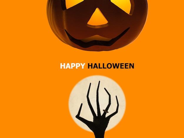 Photo 3d rendering halloween pumpkin and zombie hand rising