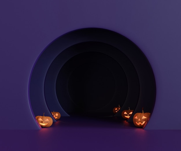 Photo 3d rendering halloween  pumpkins head jack lantern with lights on purple dark background