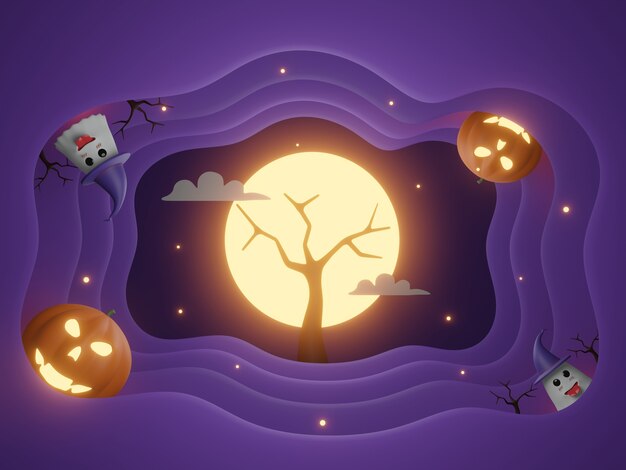 3d Rendering.Halloween Pumpkins In A Spooky Forest At Night