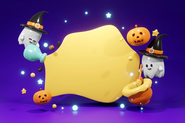 3d rendering halloween uitnodigingskaart mock up kopie ruimte sjabloon schattig spook pompoen en licht met ruimte voor tekst op achtergrond 3d render cartoon stijl