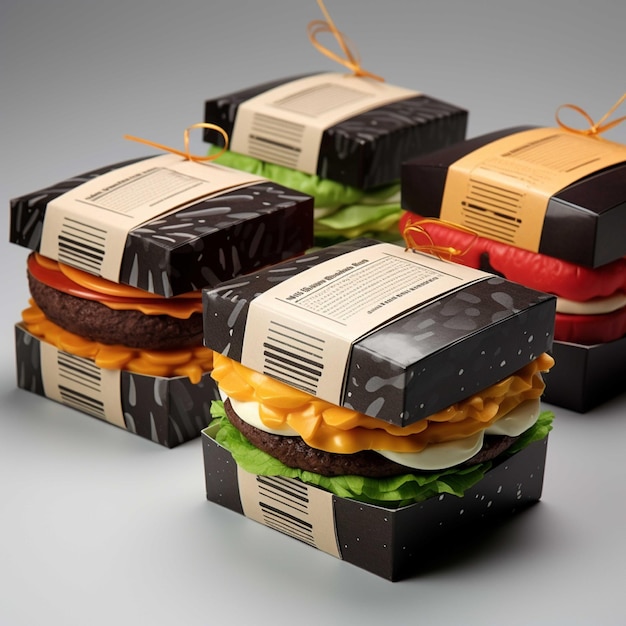 3D-рендеринг гамбургера в картонной коробке на сером фоне
