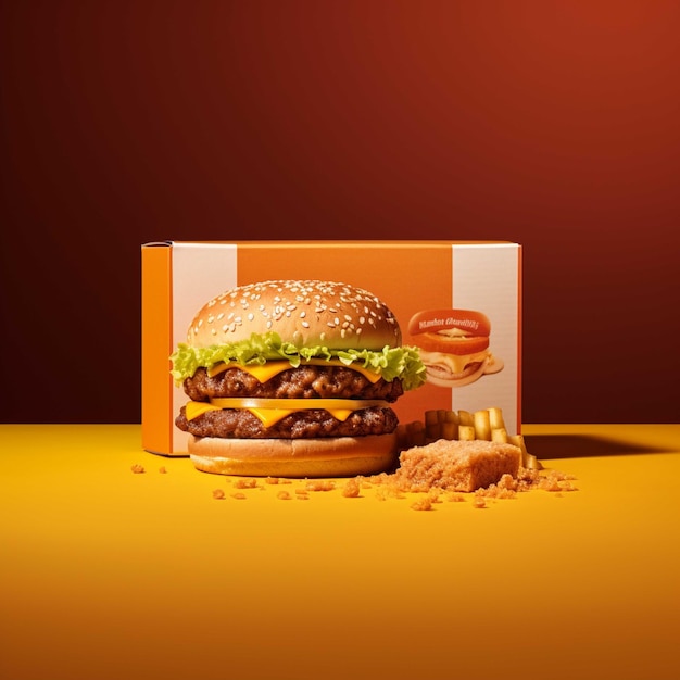 Photo 3d rendering of hamburger in cardboard box on red background