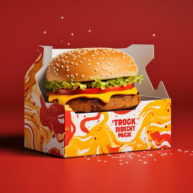 Photo 3d rendering of hamburger in cardboard box on red background