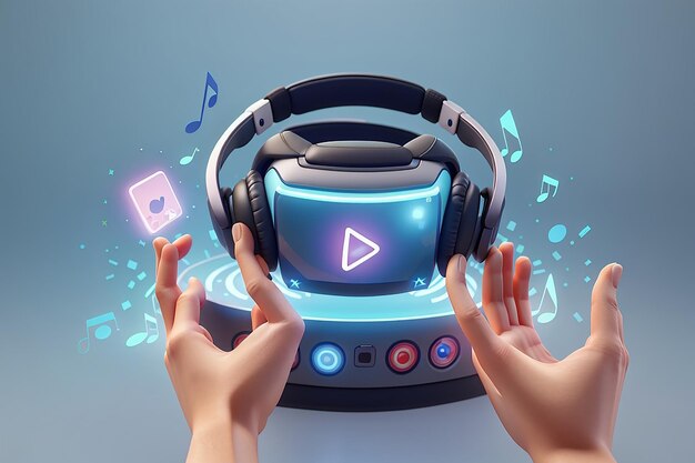 Foto rendering 3d della mano cliccare per iniziare a suonare la musica avviare l'icona del giocatore e le cuffie vr isolate sullo sfondo concetto di musica su internet 3d rendering illustrazione in stile cartone animato