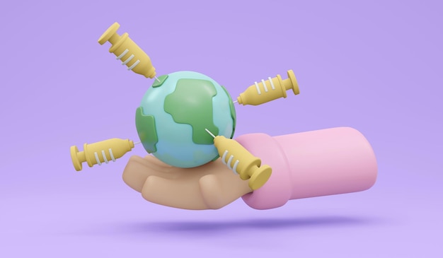 3D Rendering of hand holding earth and syringe concept of world herd immunity from covid 19 pandemic. 3D Render illustration minimal cartoon style.