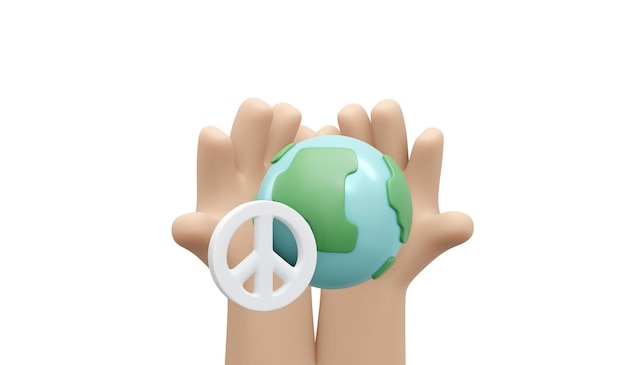 3D Rendering of hand holding globe and peace sign on white background concept of no war stop fighting save the world 3D Render illustration cartoon style