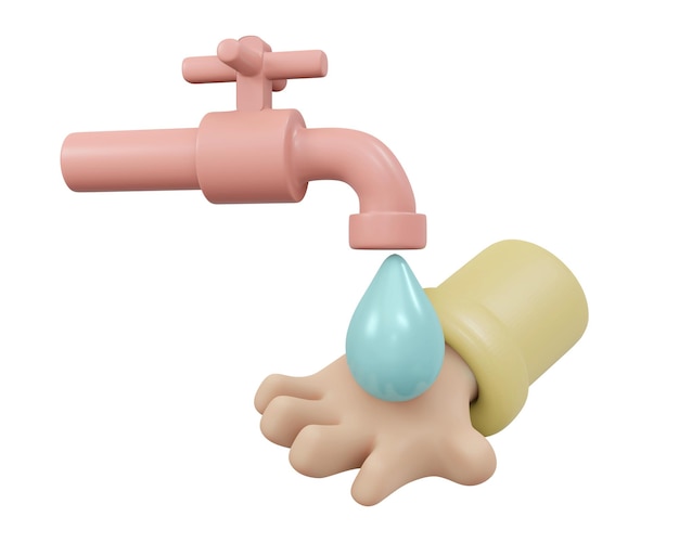 3d rendering of hand holding water drop from tap isolated on white background concept save the water day in march 3d render illustration minimal cartoon style