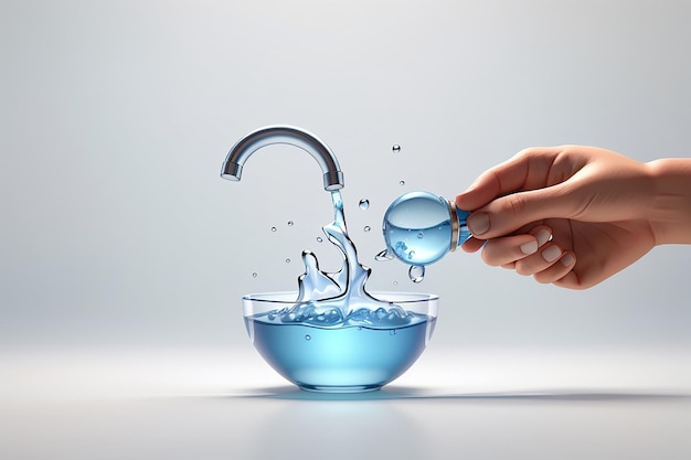 3d rendering of hand holding water drop from tap isolated on white background concept save the water day in march 3d render illustration minimal cartoon style