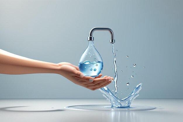 3d rendering of hand holding water drop from tap isolated on white background concept save the water day in march 3d render illustration minimal cartoon style