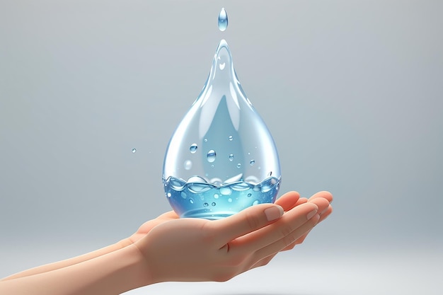 3d rendering of hand holding water drop isolated on white background concept save the water day in march 3d render illustration minimal cartoon style