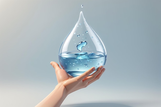 3d rendering of hand holding water drop isolated on white background concept save the water day in march 3d render illustration minimal cartoon style