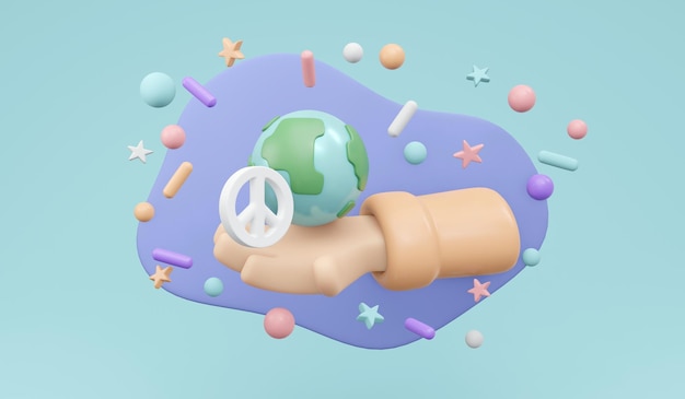 3d rendering of hand protecting globe peace sign on background\
concept of no war stop fighting save the world 3d render\
illustration cartoon style