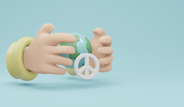 전쟁 중지 싸움의 배경 개념에 지구 평화 기호를 보호하는 손의 3D 렌더링 세계를 구할 3D 렌더링 그림 만화 스타일