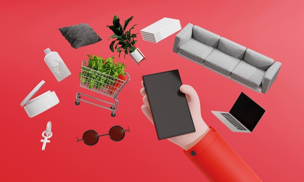 Foto rendering 3d usa lo smartphone per ordinare il prodotto sui negozi online con tecnologia mart gadget alla moda