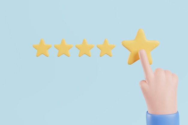 3D rendering hand with five star rating on blue background Customer review experience satisfaction concept