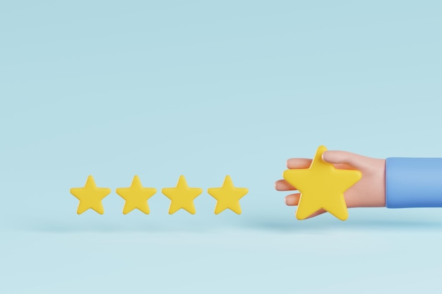 Фото 3d рендеринг рукой с пятизвездочным рейтингом на синем фоне концепция удовлетворенности опытом обзора клиентов
