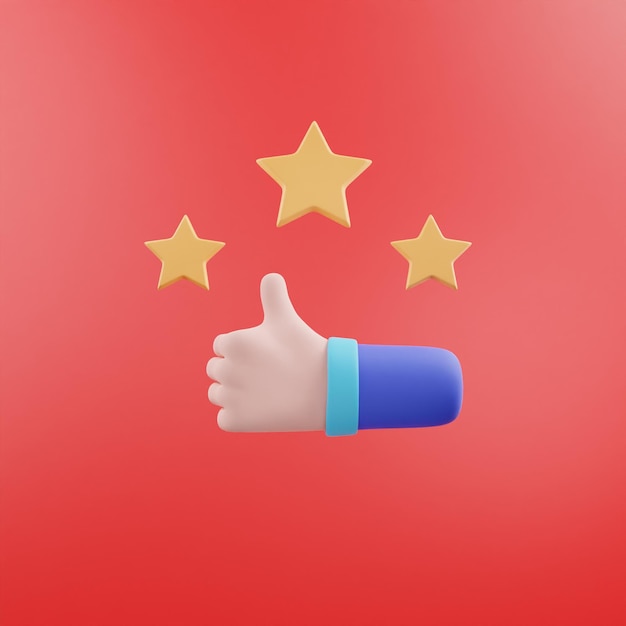 3d rendering of a hand with thumbs up in approving gesture with 3 stars above on red backgroundx9