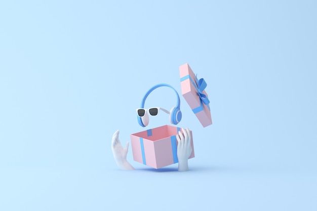 3D rendering of hands holding a gift box with floating headphone and sunglasses.