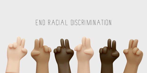 Photo 3d rendering of hands in many color skin gesturing peace sign isolated on white background with text inscription banner concept of end racial discrimination 3d render illustration