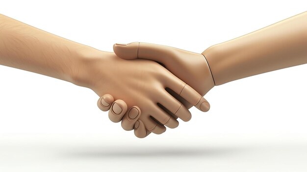 3D rendering of a handshake between a human and a robot The human hand is on the left and the robot hand is on the right The background is white