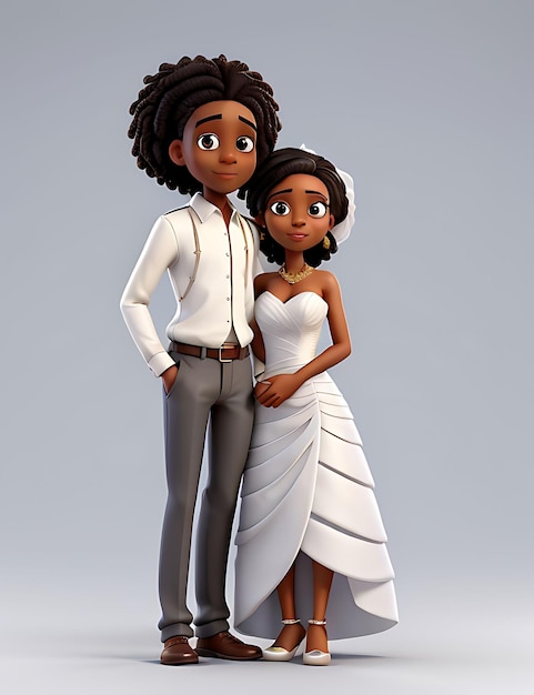 3D rendering happy African American bride and groom on white background generative AI