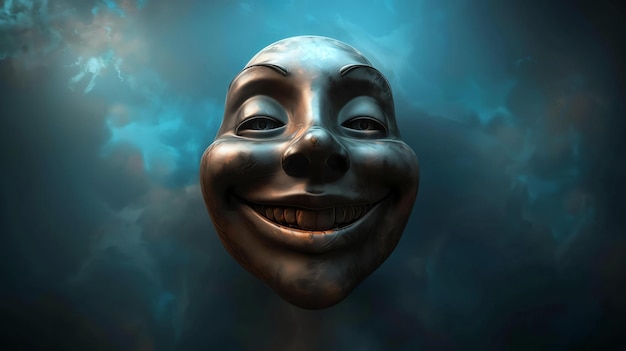 Foto rendering 3d di una faccia felice di cartone animato fatta di metallo lucido il viso è illuminato da una luce brillante e lo sfondo è di colore blu scuro