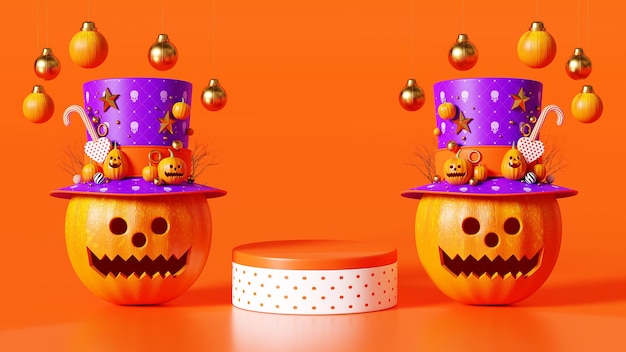 3D rendering Happy Halloween, Podium Pumpkin, hangende en decoratie bal op oranje achtergrond