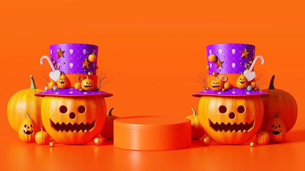 3D-rendering Happy Halloween, Podium Pumpkin op oranje achtergrond, 31 oktober, geschenkdoos