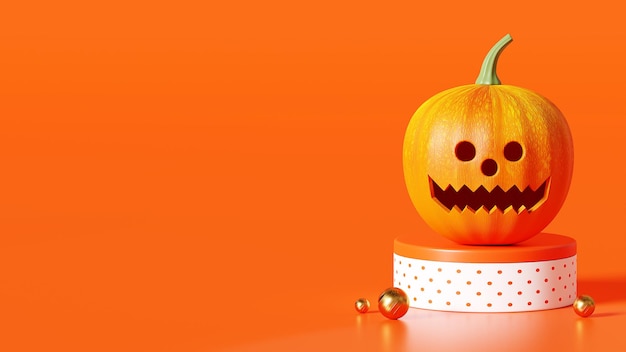 3D-рендеринг Happy Halloween, подиумная тыква справа на оранжевом фоне, 31 октября