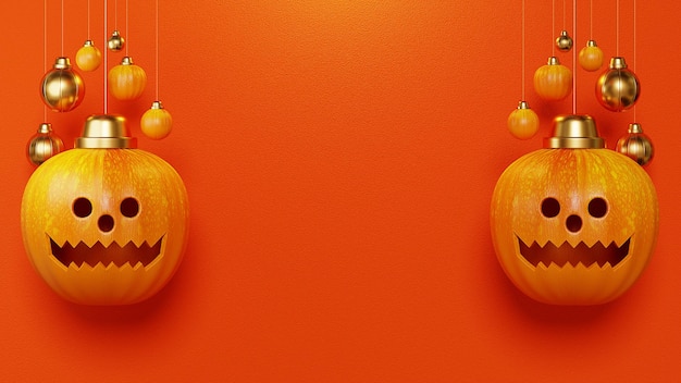 3D rendering Happy Halloween, pompoen hoofd opknoping en decoratie bal op oranje achtergrond.