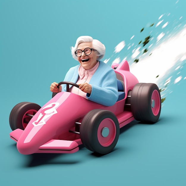 Foto 3d rendering felice vecchia donna alla guida