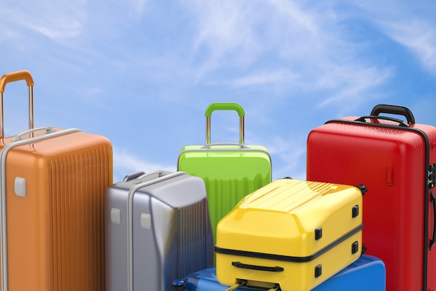 3d rendering hard case colorful luggages with blue sky background