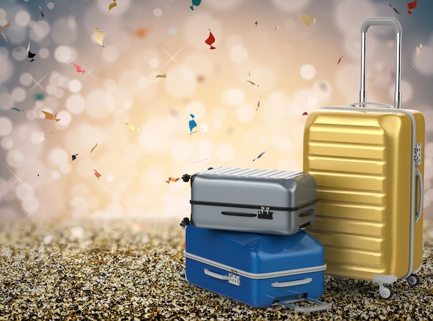 3d rendering hard case luggages on glitter background