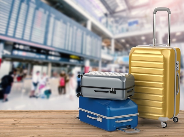 3d rendering hard case luggages with airport background