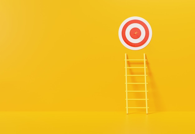 3d rendering Having a business idea Embroidered arrow target goal Ladder development step by step concept. on yellow background