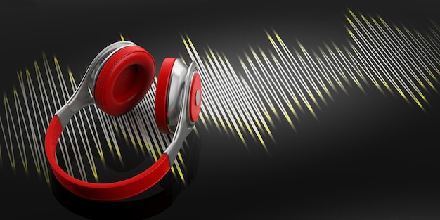 Photo 3d rendering headphones and sound wave on black background