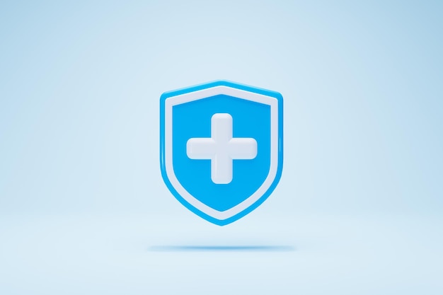 Фото 3d рендеринг концепции медицинского страхования. значок медицинского щита синего цвета спереди