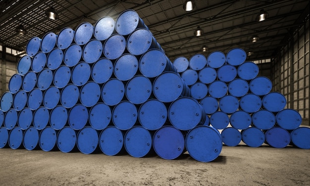 3d rendering heap of blue barrels in warehouse