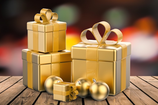 3d rendering heap of golden gift boxes and golden christmas
balls