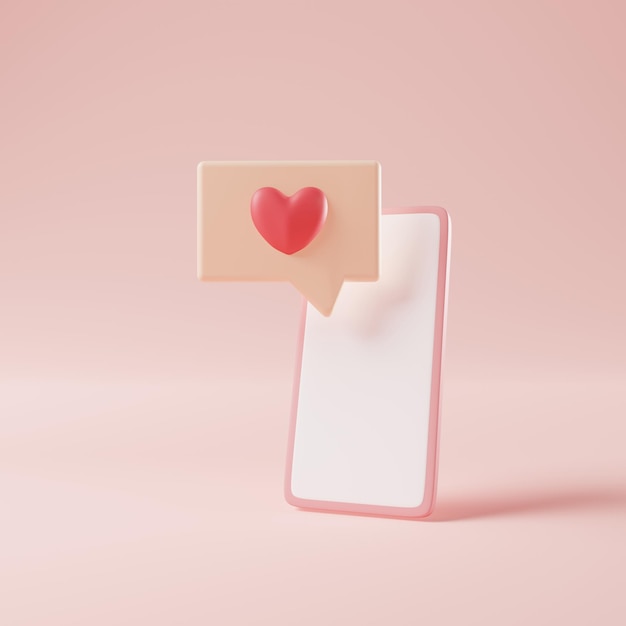 3D rendering heart icon on the smartphone on pink background Love message Like notification