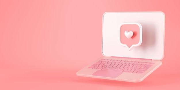 3d rendering of heart message icon and pink laptop.
