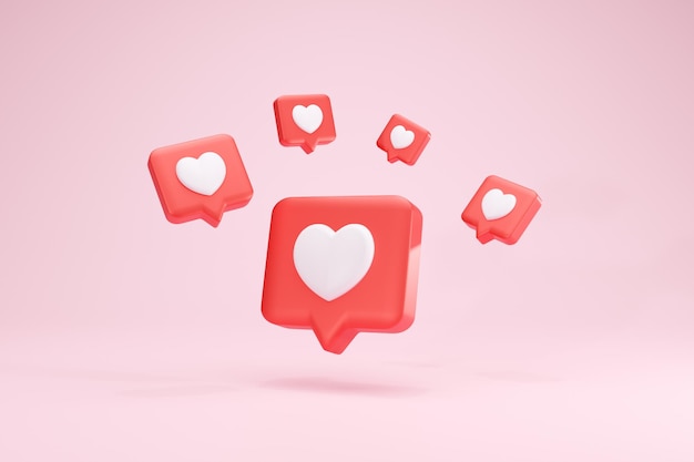 사진 3d 렌더링 심장 텍스트 상자 심장 아이콘 사랑 소셜 미디어 아이콘 핑크 전면 세트 보기
