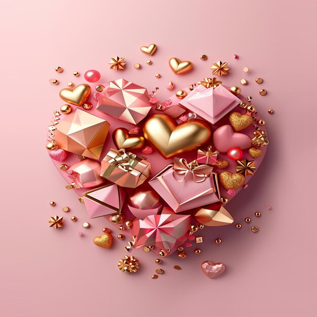 3D rendering of heartshaped composition with gifts and ornaments on a pink background