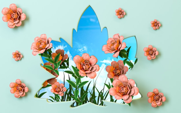 3d rendering hello spring autumn maple background with pink flower