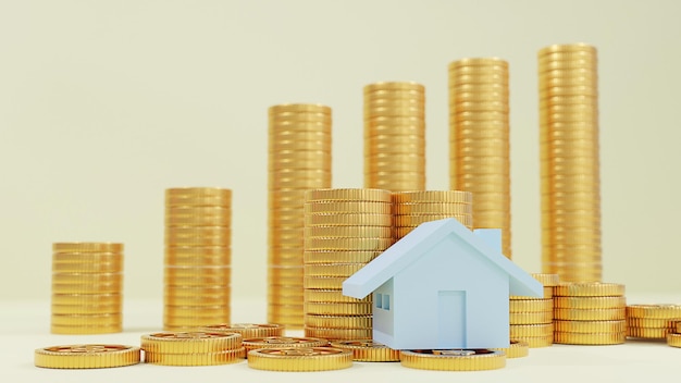 3D-rendering Het huis en de gouden munten besparen zakelijke leningen voor onroerend goed concept.
