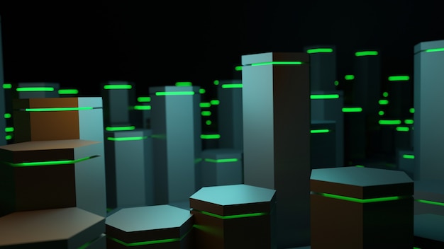 3d rendering forma geometrica esagonale con sfondo astratto tecnologia di illuminazione verde