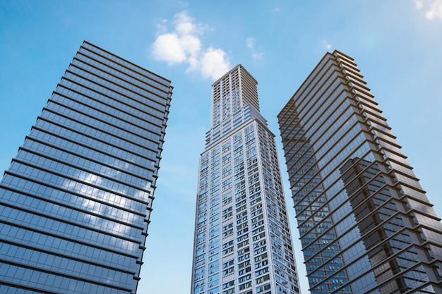 3d рендеринг экстерьера высотного здания с голубым небом